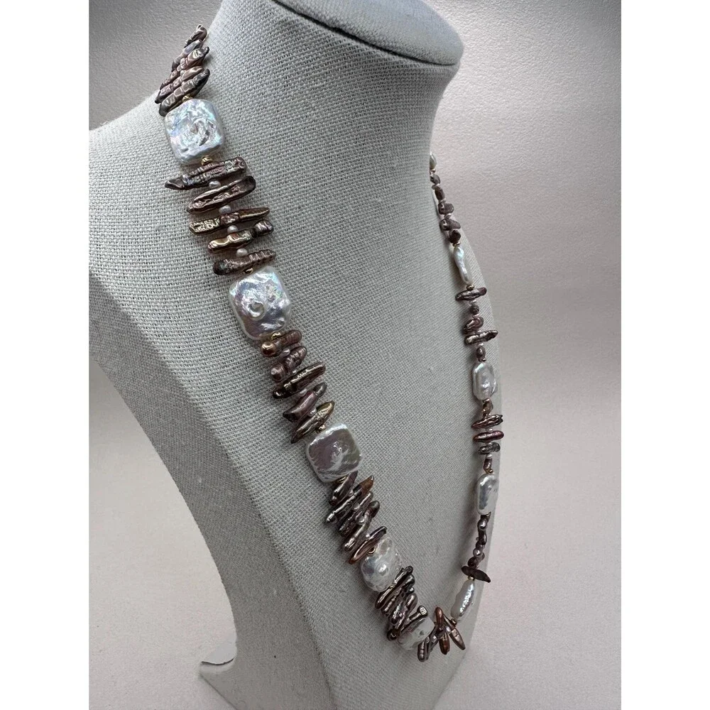 Handmade Freshwater Pearl Necklace: Biwa Stick and Square White Pearls
